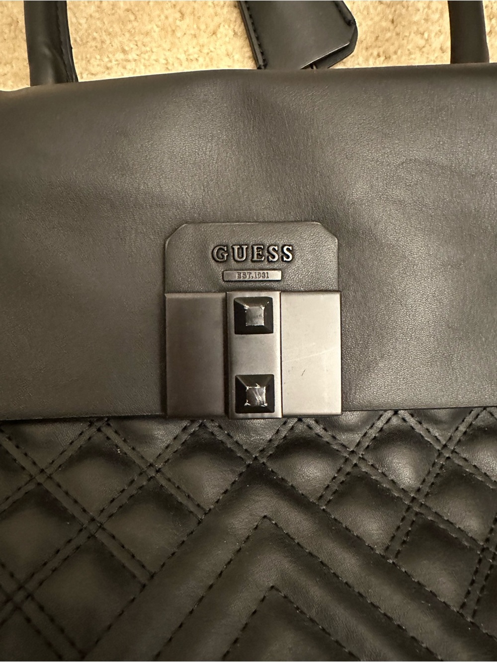 GUESS Black Quilted Large Purse with Top Handle Functional Travel Classy - Picture 12 of 14